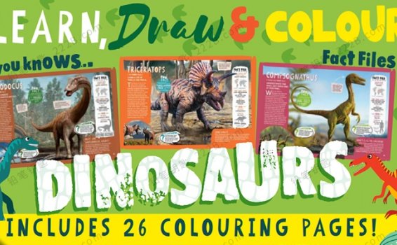 《Learn, Draw Colour Dinosaurs》116页儿童恐龙绘画涂色英文教程书 百度云网盘下载